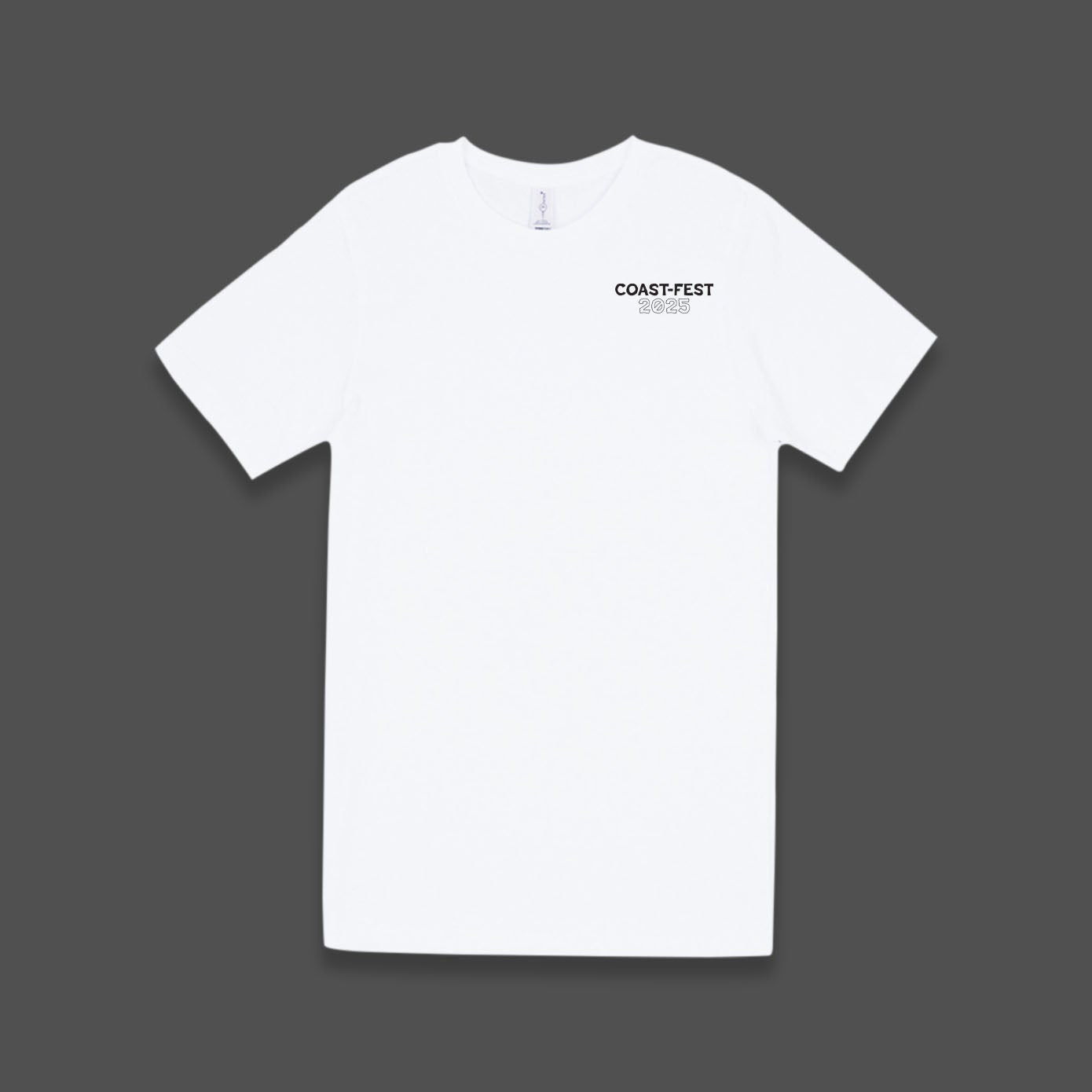White t-shirt with text on a gray background